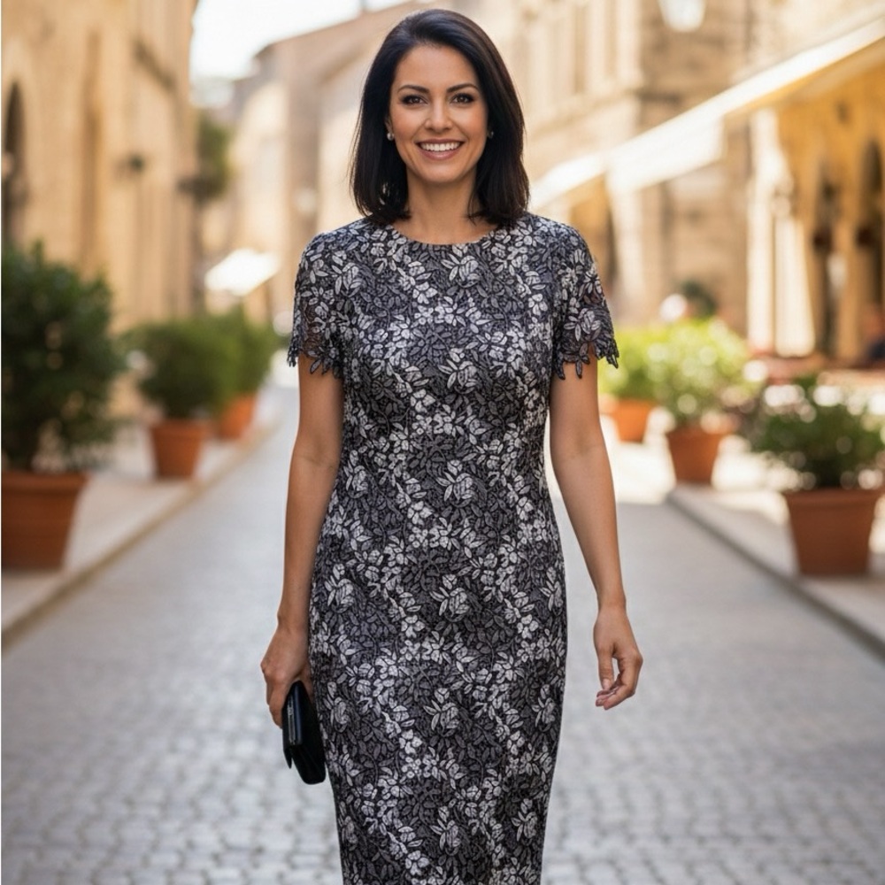 Ralph Lauren Black and Cream Floral Midi Dress